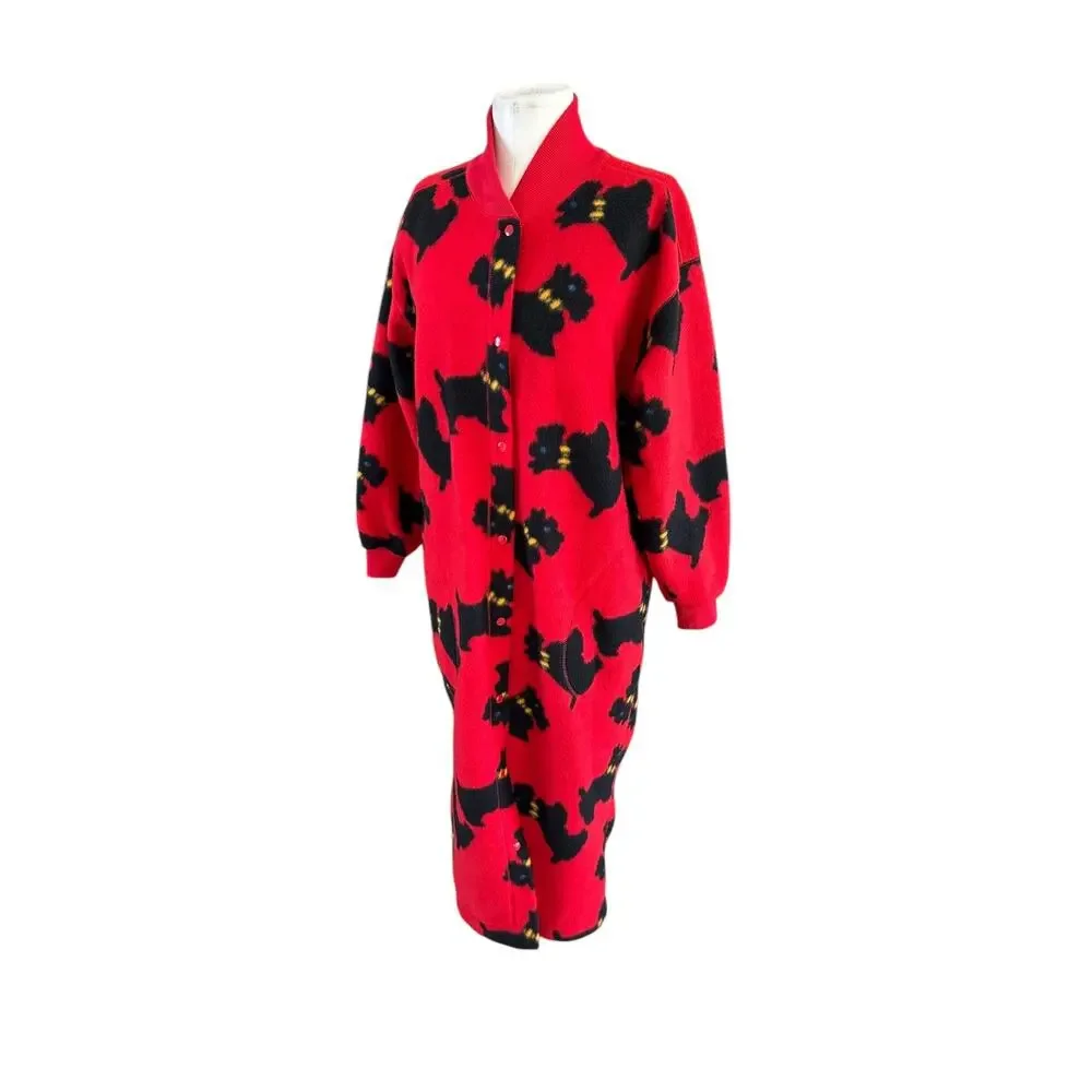 Vintage Scottish Terrier Fleece Robe Full Length Red Women's sz M Whimsical AOP